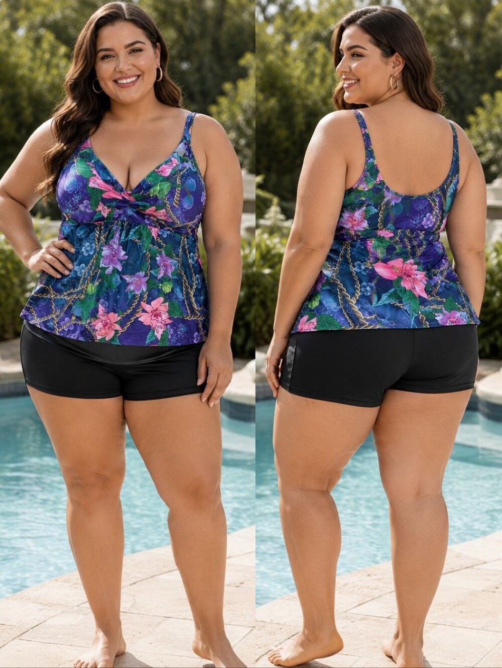 🌹Floral Purple Print Women's  Tankini Top, Size XXL
